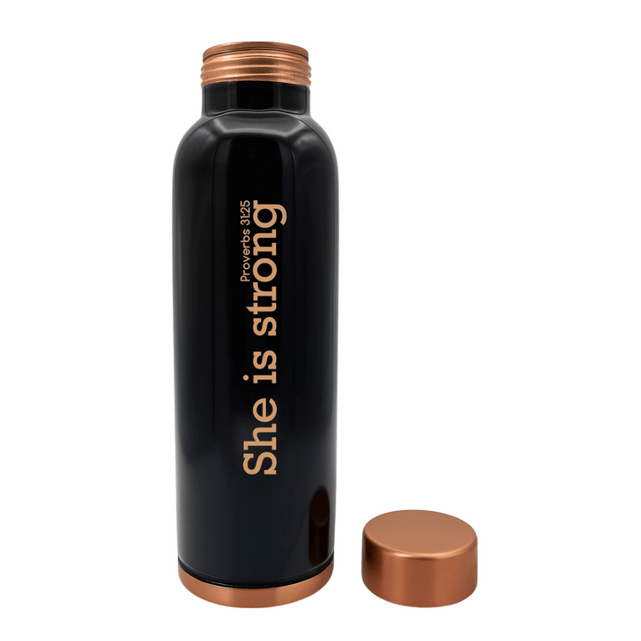 She Is Strong Custom Personalized Copper Water Bottle Proverbs 31:25 and Name | Pure Copper | 33 Oz - Shepherds Shelf