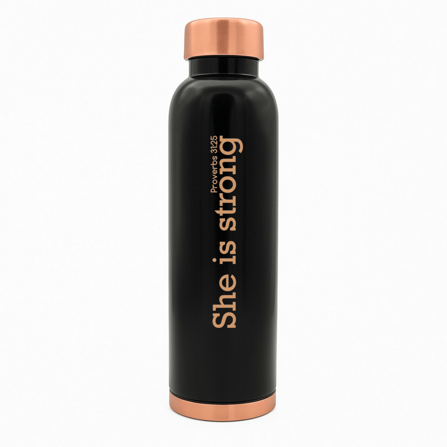 She Is Strong Custom Personalized Copper Water Bottle Proverbs 31:25 and Name | Pure Copper | 33 Oz - Shepherds Shelf