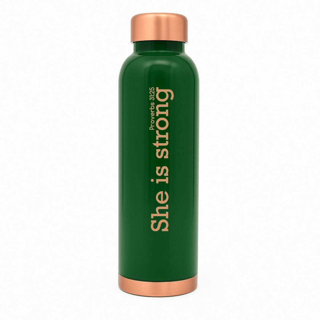 She Is Strong Custom Personalized Copper Water Bottle Proverbs 31:25 and Name | Pure Copper | 33 Oz - Shepherds Shelf