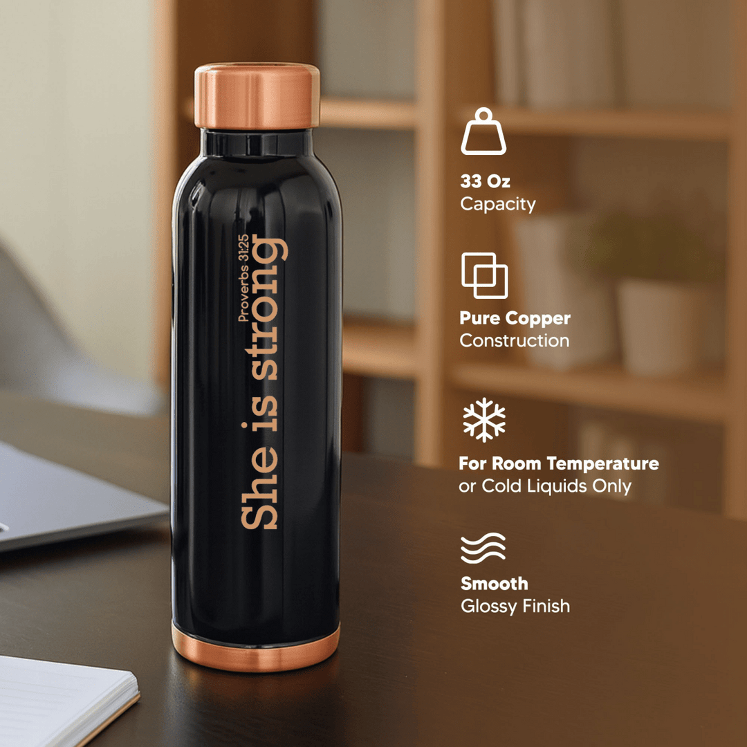 She Is Strong Custom Personalized Copper Water Bottle Proverbs 31:25 and Name | Pure Copper | 33 Oz - Shepherds Shelf