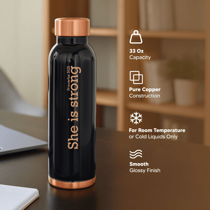 She Is Strong Custom Personalized Copper Water Bottle Proverbs 31:25 and Name | Pure Copper | 33 Oz - Shepherds Shelf