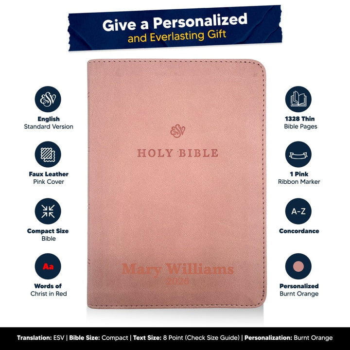 Small Compact Customized ESV Holy Bible | Faux Leather | Red Letter | Small Print | Pink - Shepherds Shelf