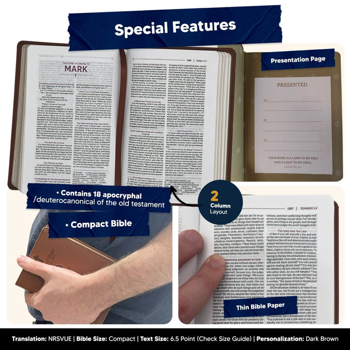 Small Customized NRSVUE Holy Bible with Apocrypha | Extra Small Print | Brown - Shepherds Shelf