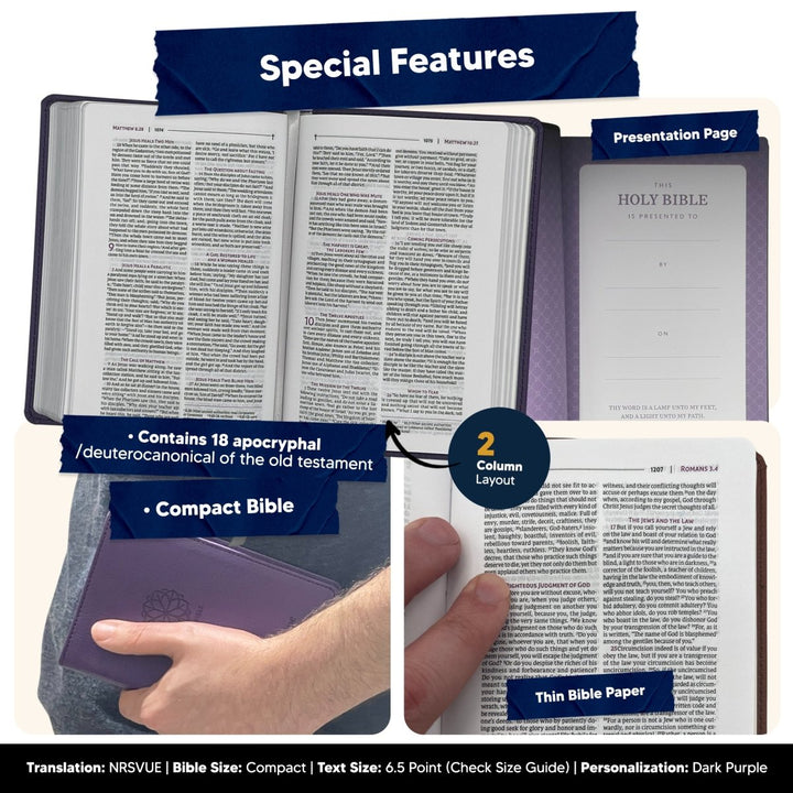 Small Customized NRSVUE Holy Bible with Apocrypha | Extra Small Print | Purple - Shepherds Shelf