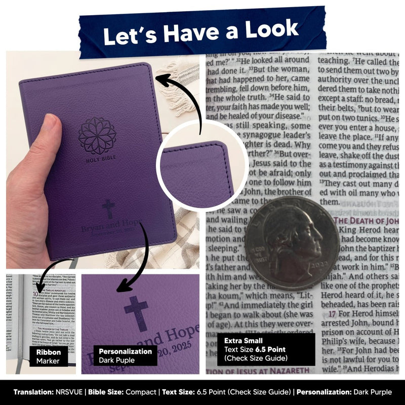 Small Customized NRSVUE Holy Bible with Apocrypha | Extra Small Print | Purple