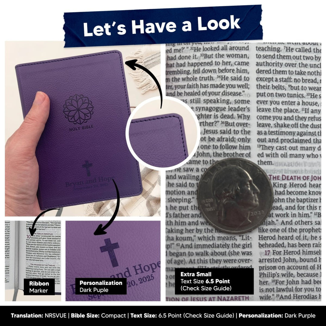 Small Customized NRSVUE Holy Bible with Apocrypha | Extra Small Print | Purple - Shepherds Shelf