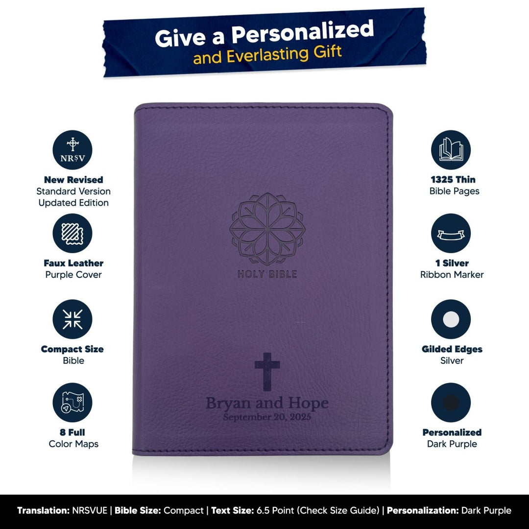 Small Customized NRSVUE Holy Bible with Apocrypha | Extra Small Print | Purple - Shepherds Shelf