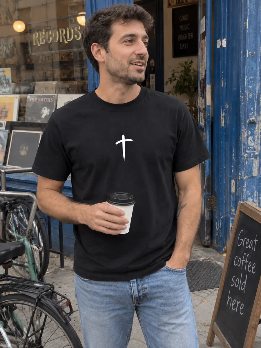 cross coffee — AI-styled lifestyle scene featuring the tee