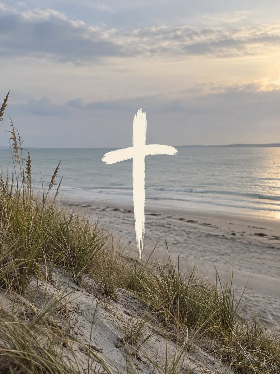 A white brushstroke cross over a quiet beach