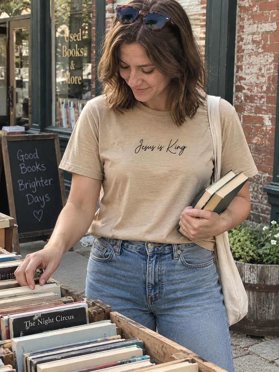king bookstore — AI-styled lifestyle scene featuring the tee