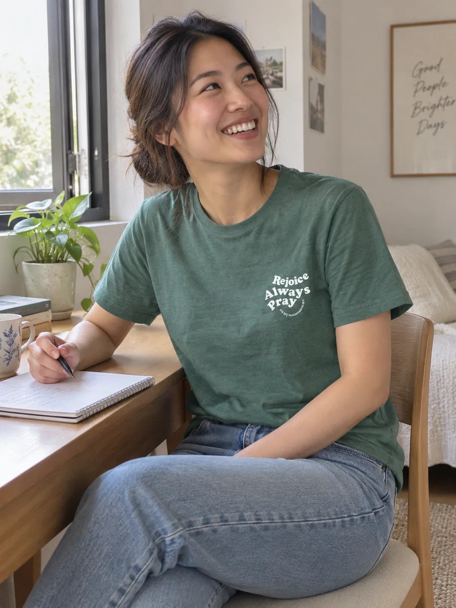 rejoice desk — AI-styled lifestyle scene featuring the tee