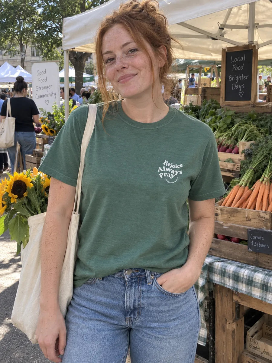 rejoice market — AI-styled lifestyle scene featuring the tee