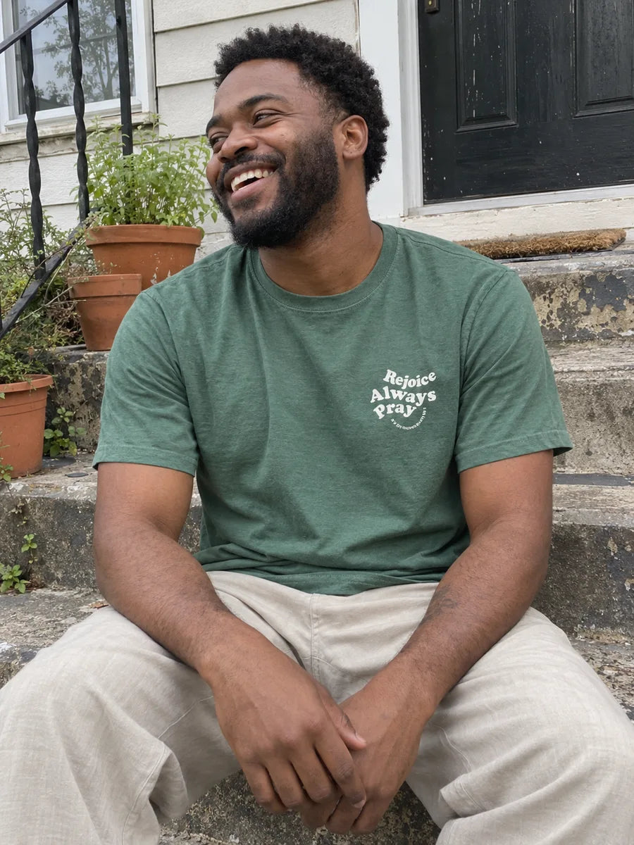 rejoice porch — AI-styled lifestyle scene featuring the tee