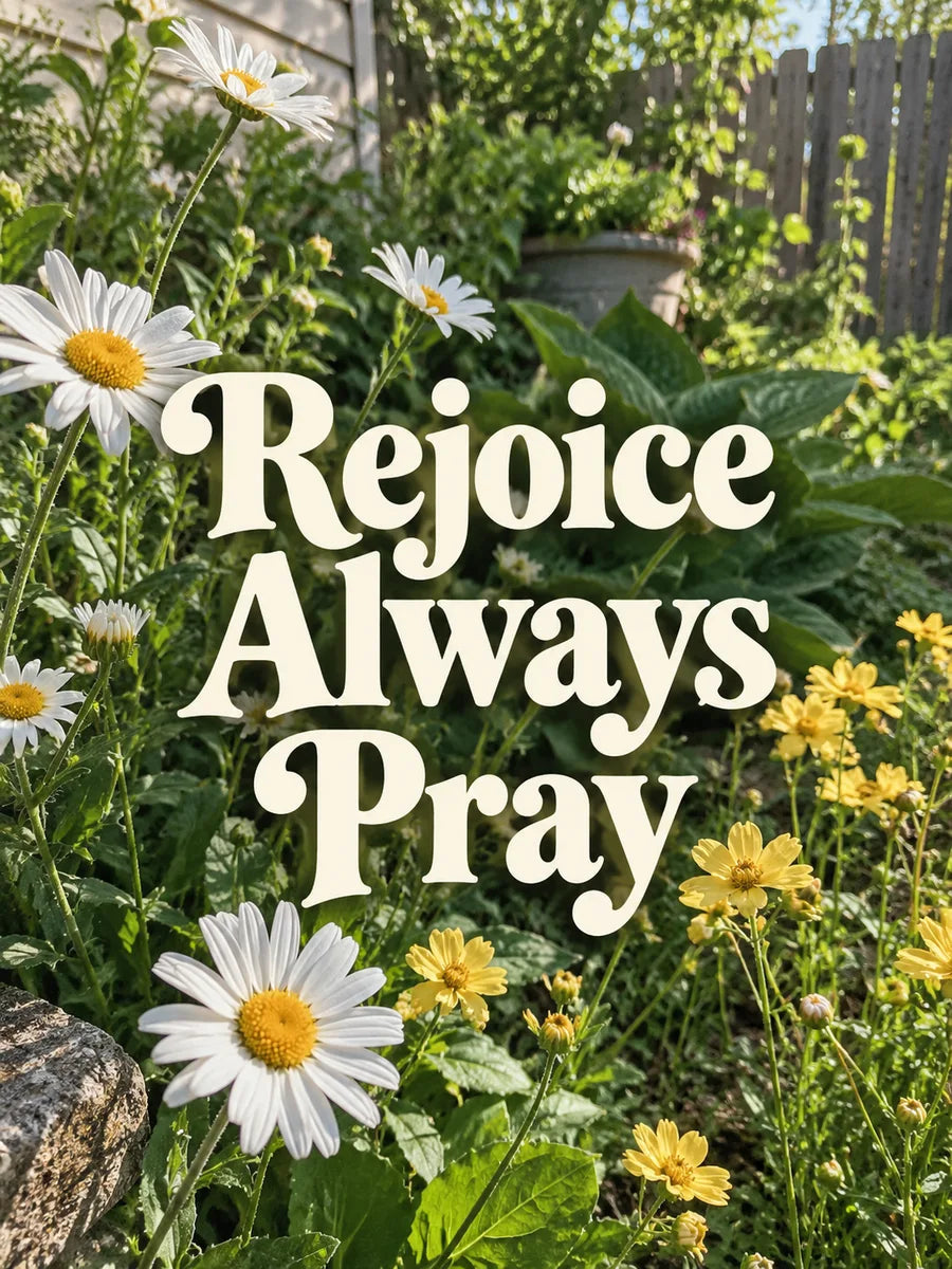Rejoice Always Pray in cream lettering over a sunlit flower garden