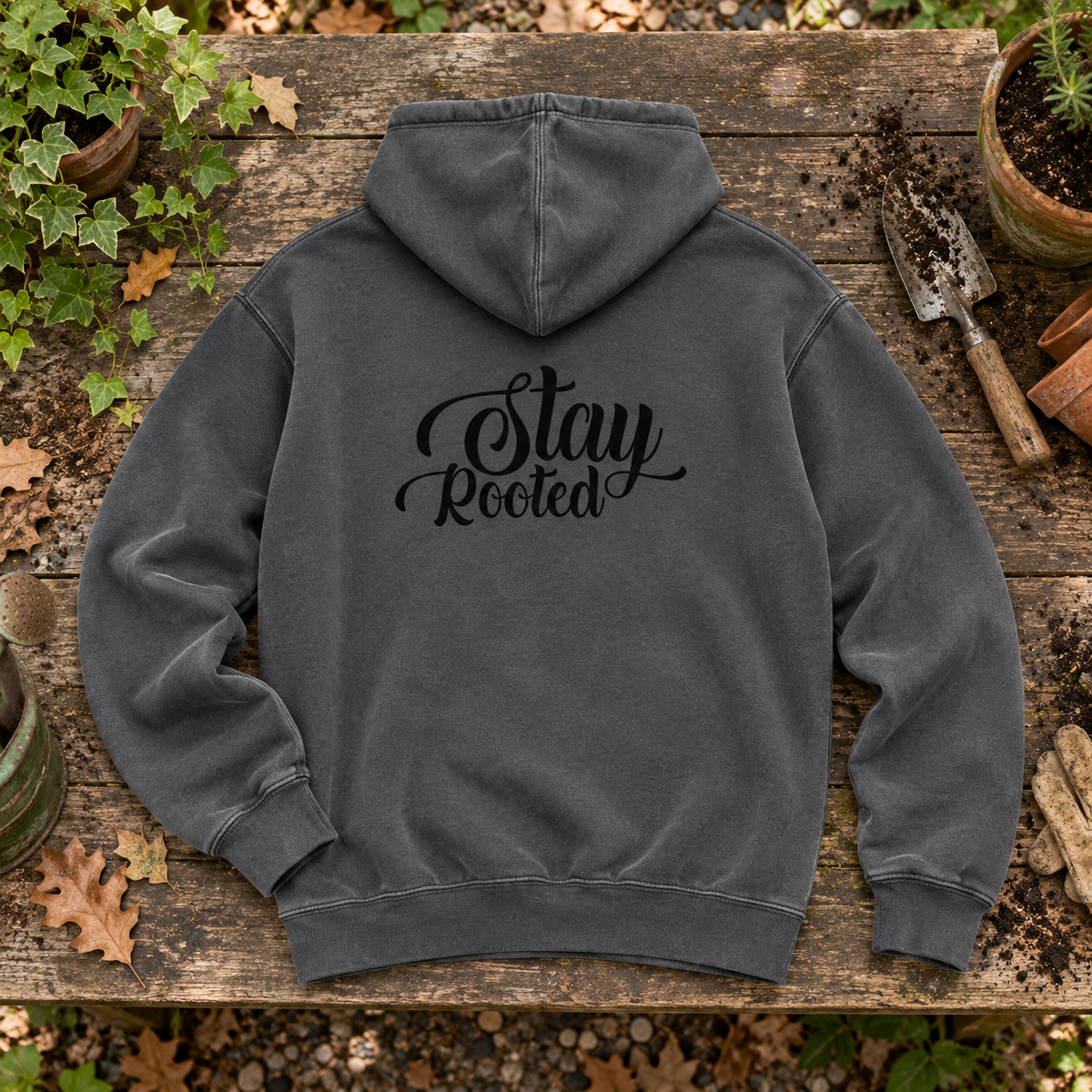 washed charcoal hoodie viewed from back, exact black calligraphic Stay Rooted graphic under hood — square editorial flat lay