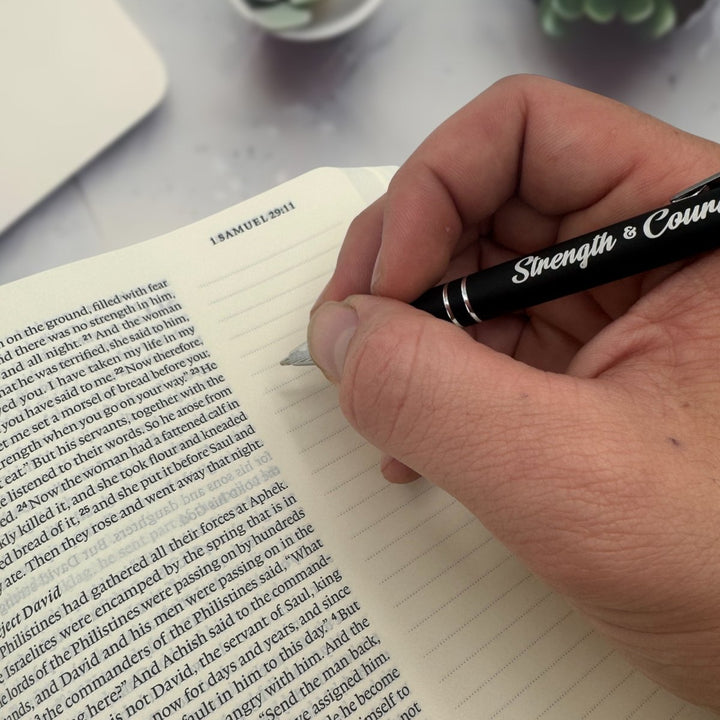 Strength & Courage Black Ink Metal Stylus Pen, Black - Shepherds Shelf