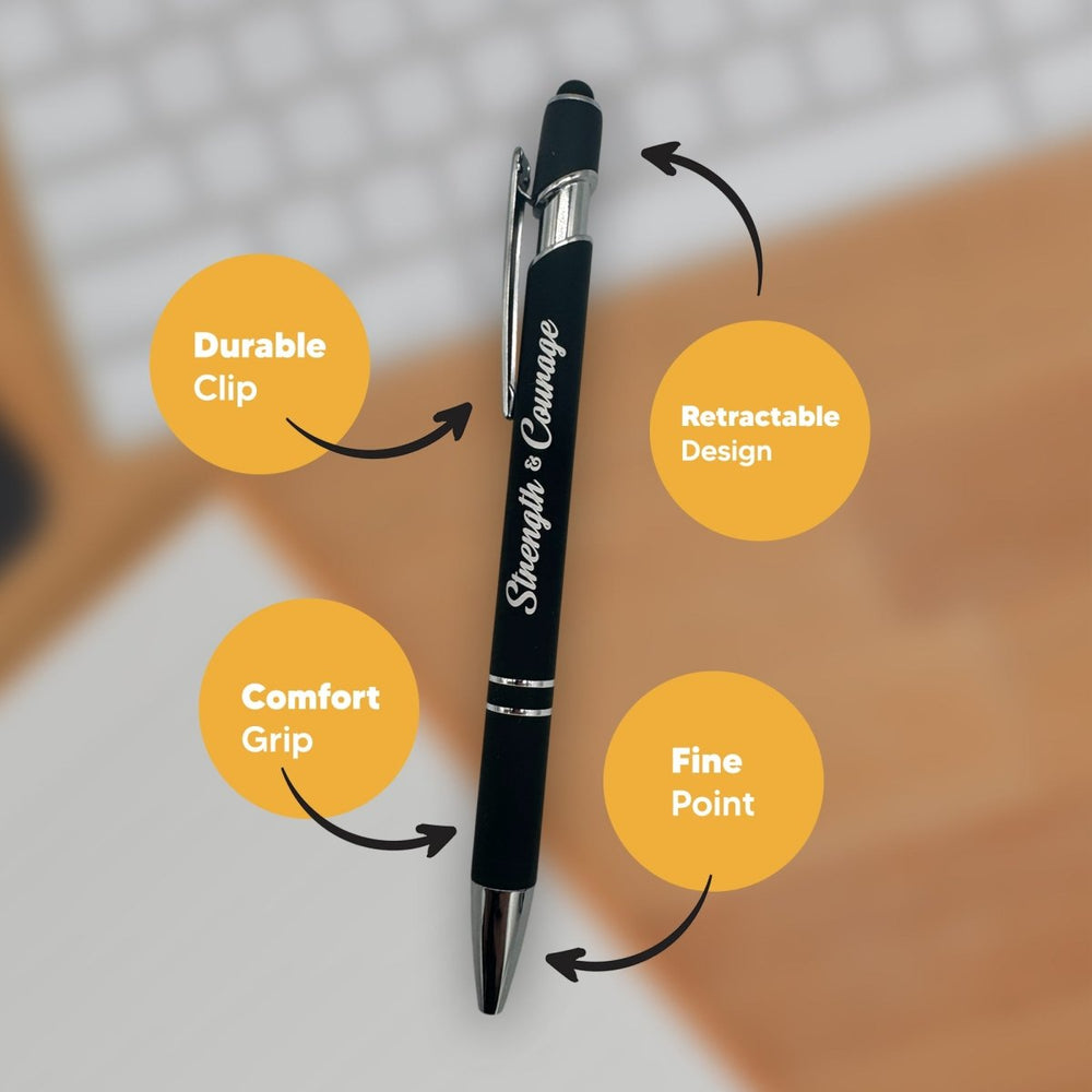 Strength & Courage Black Ink Metal Stylus Pen, Black - Shepherds Shelf