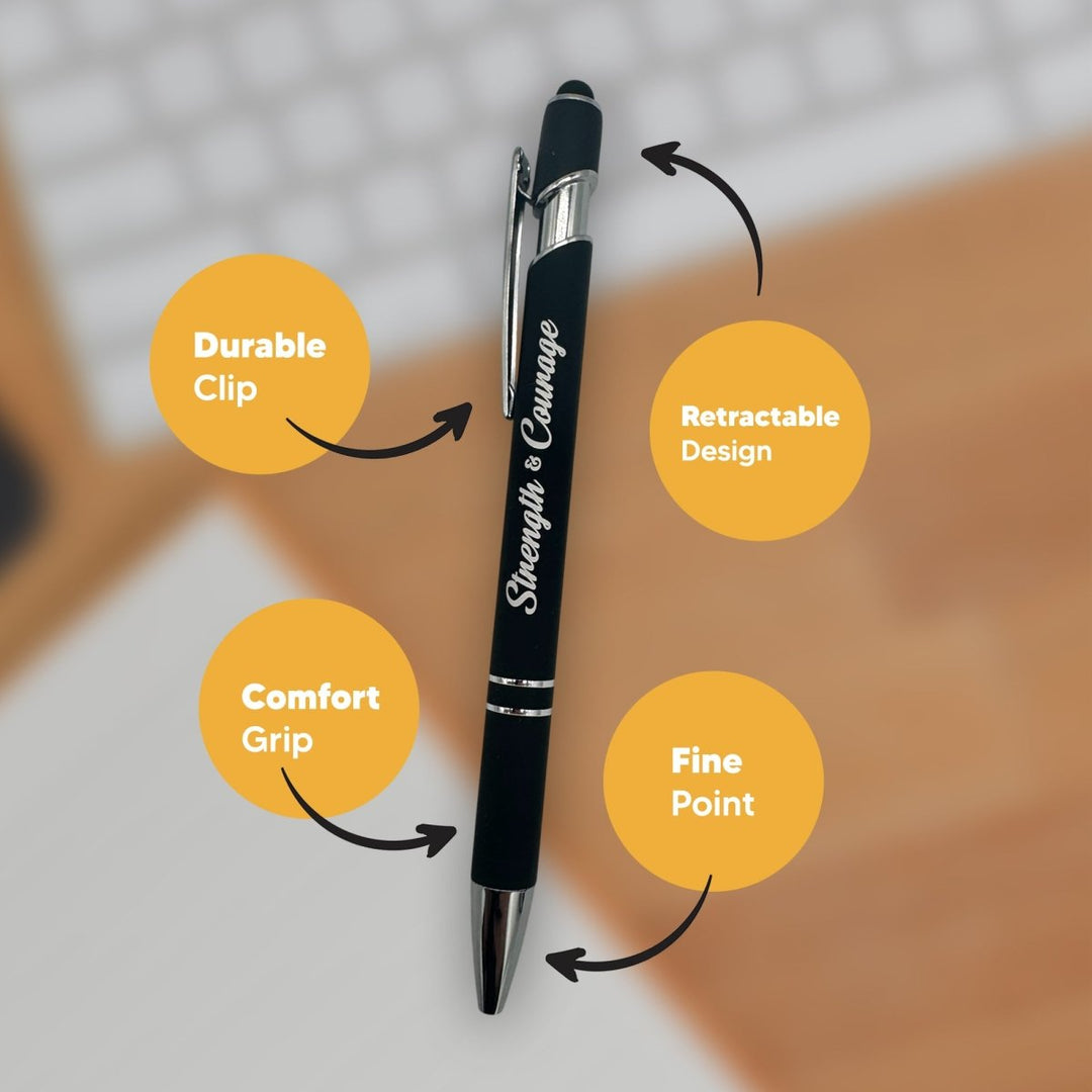 Strength & Courage Black Ink Metal Stylus Pen, Black - Shepherds Shelf