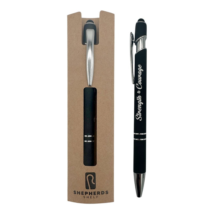 Strength & Courage Black Ink Metal Stylus Pen, Black - Shepherds Shelf