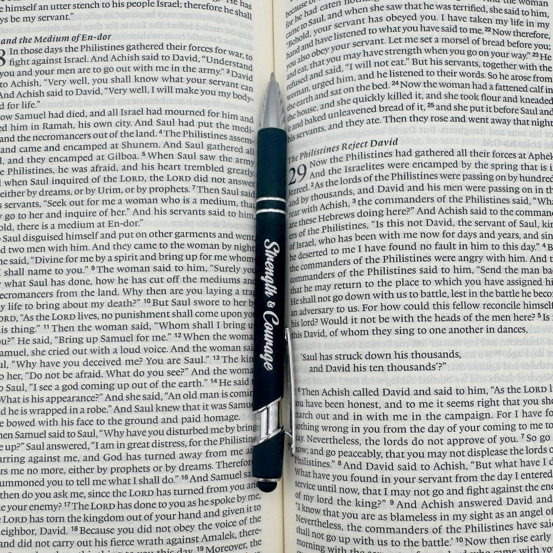 Strength & Courage Black Ink Metal Stylus Pen, Black - Shepherds Shelf