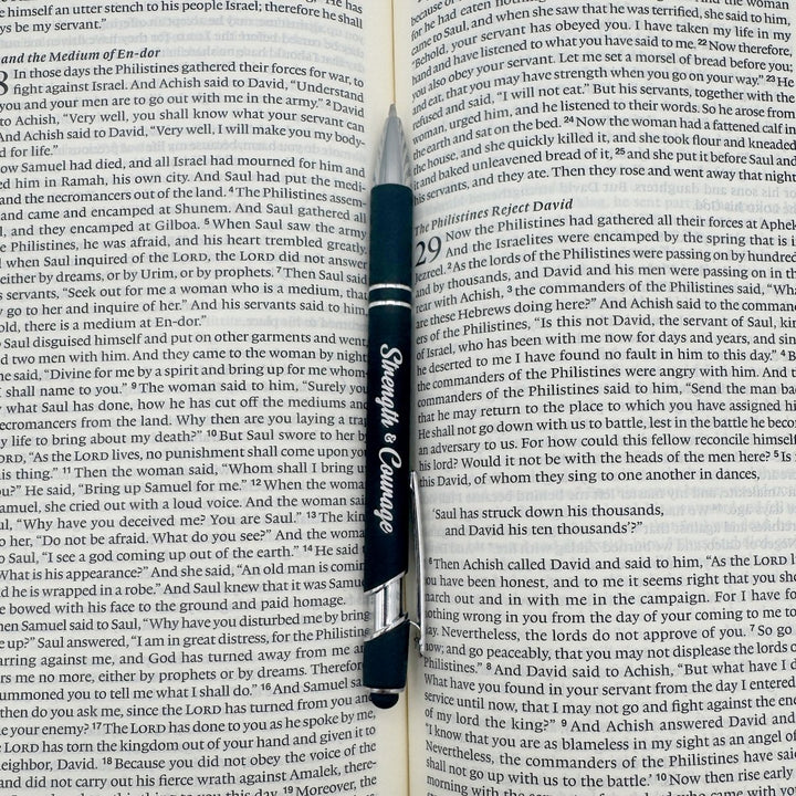 Strength & Courage Black Ink Metal Stylus Pen, Black - Shepherds Shelf