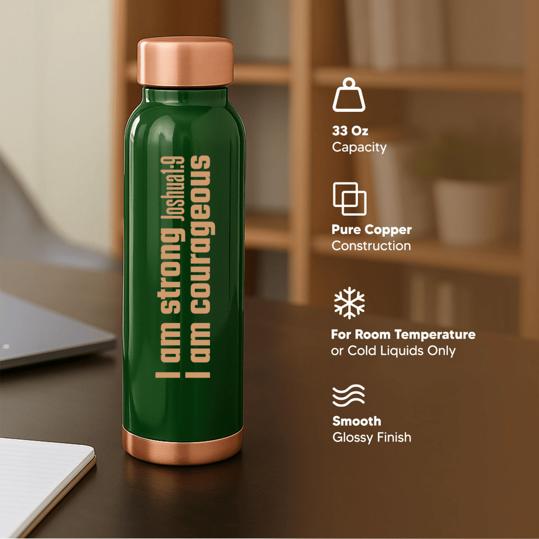 Strong and Courageous Custom Personalized Copper Water Bottle Joshua 1:9 and Name | Pure Copper | 33 Oz - Shepherds Shelf