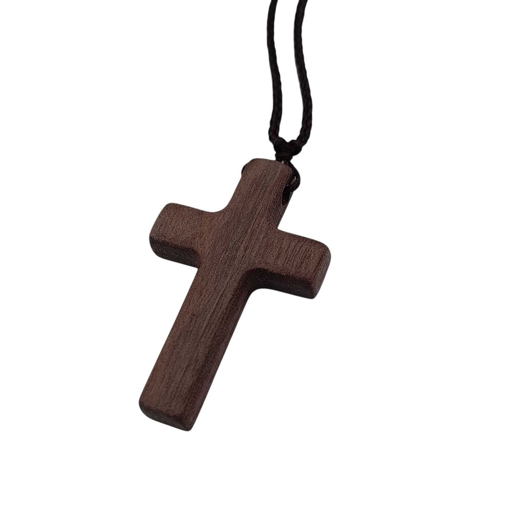 Walnut Wood Cross Pendant Necklace with Adjustable Rope | Small | Dark Brown - Shepherds Shelf