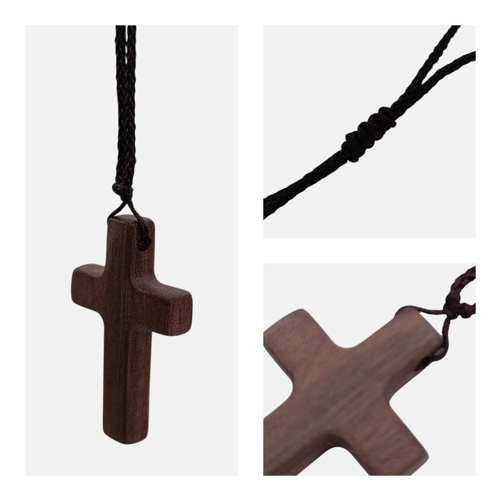 Walnut Wood Cross Pendant Necklace with Adjustable Rope | Small | Dark Brown - Shepherds Shelf