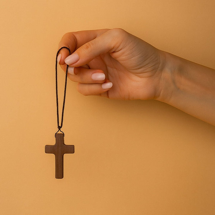 Walnut Wood Cross Pendant Necklace with Adjustable Rope | Small | Dark Brown - Shepherds Shelf