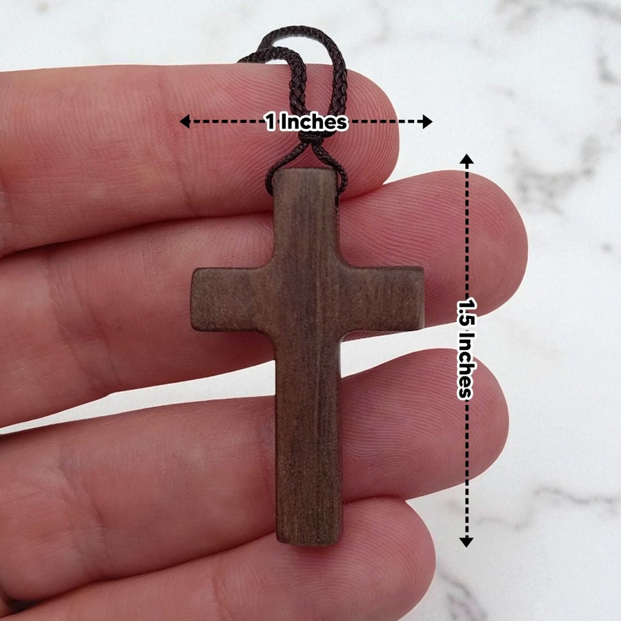Walnut Wood Cross Pendant Necklace with Adjustable Rope | Small | Dark Brown