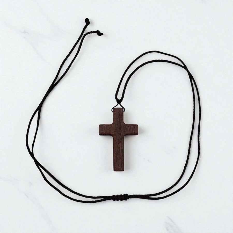 Walnut Wood Cross Pendant Necklace with Adjustable Rope | Small | Dark Brown - Shepherds Shelf
