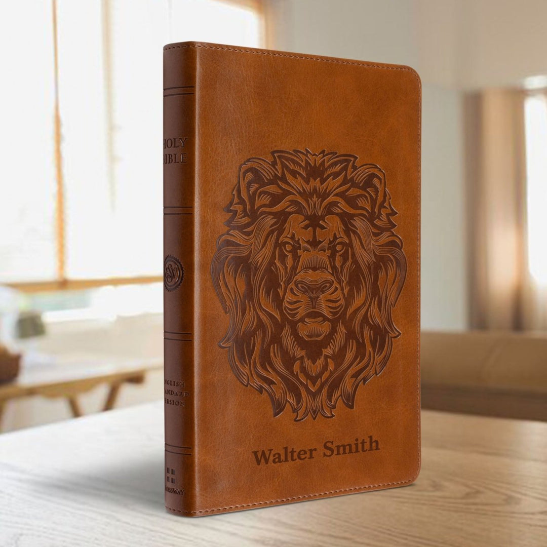 Personalized ESV Thinline Bible Medium Print Faux Leather with Royal Lion Design | Shepherds Shelfs