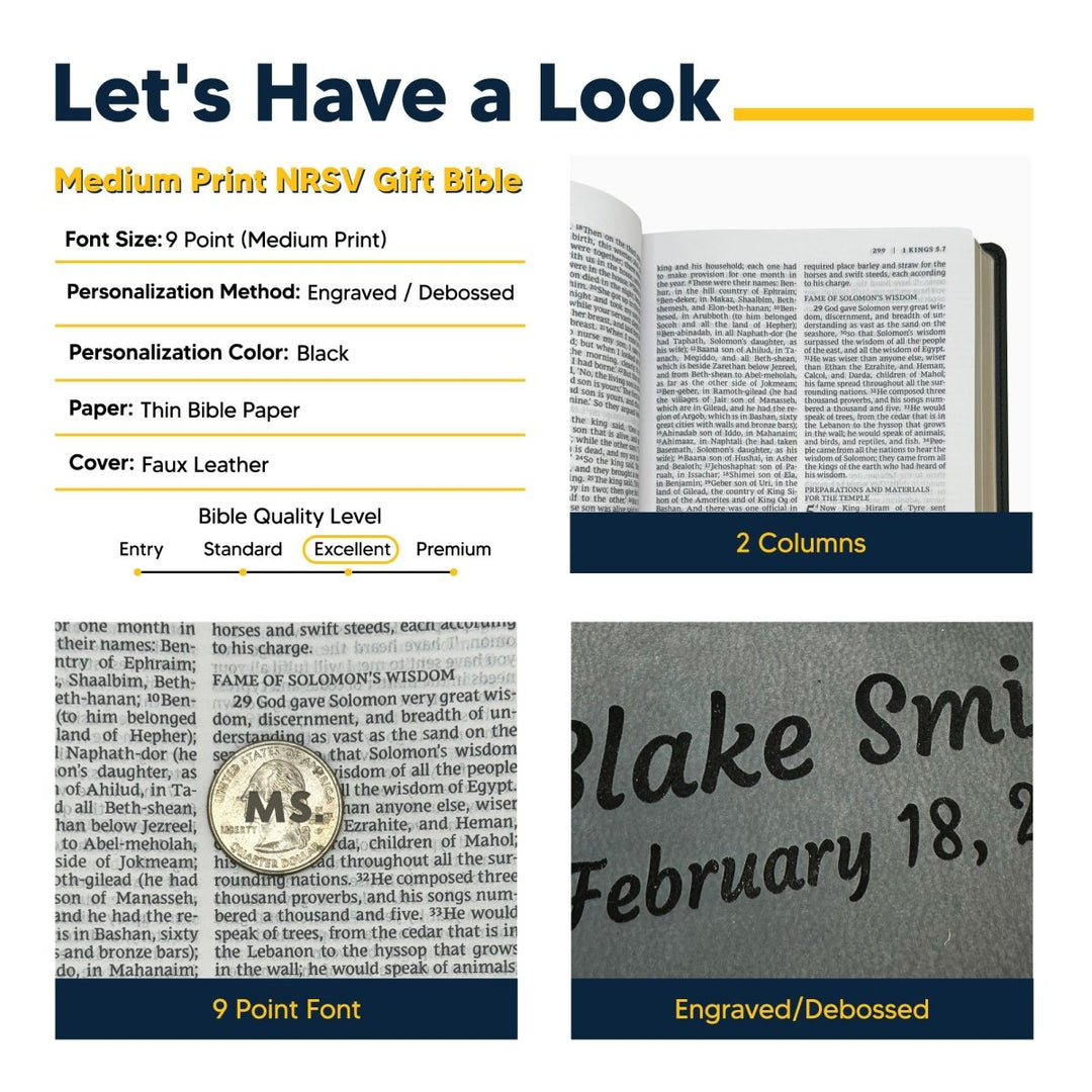 Personalized NRSV Sacraments of Initiation Edition Bible Faux Leather Medium Print Size Black | Shepherds Shelf