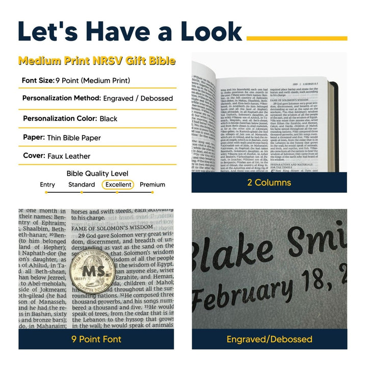 Personalized NRSV Sacraments of Initiation Edition Bible Faux Leather Medium Print Size Black | Shepherds Shelf