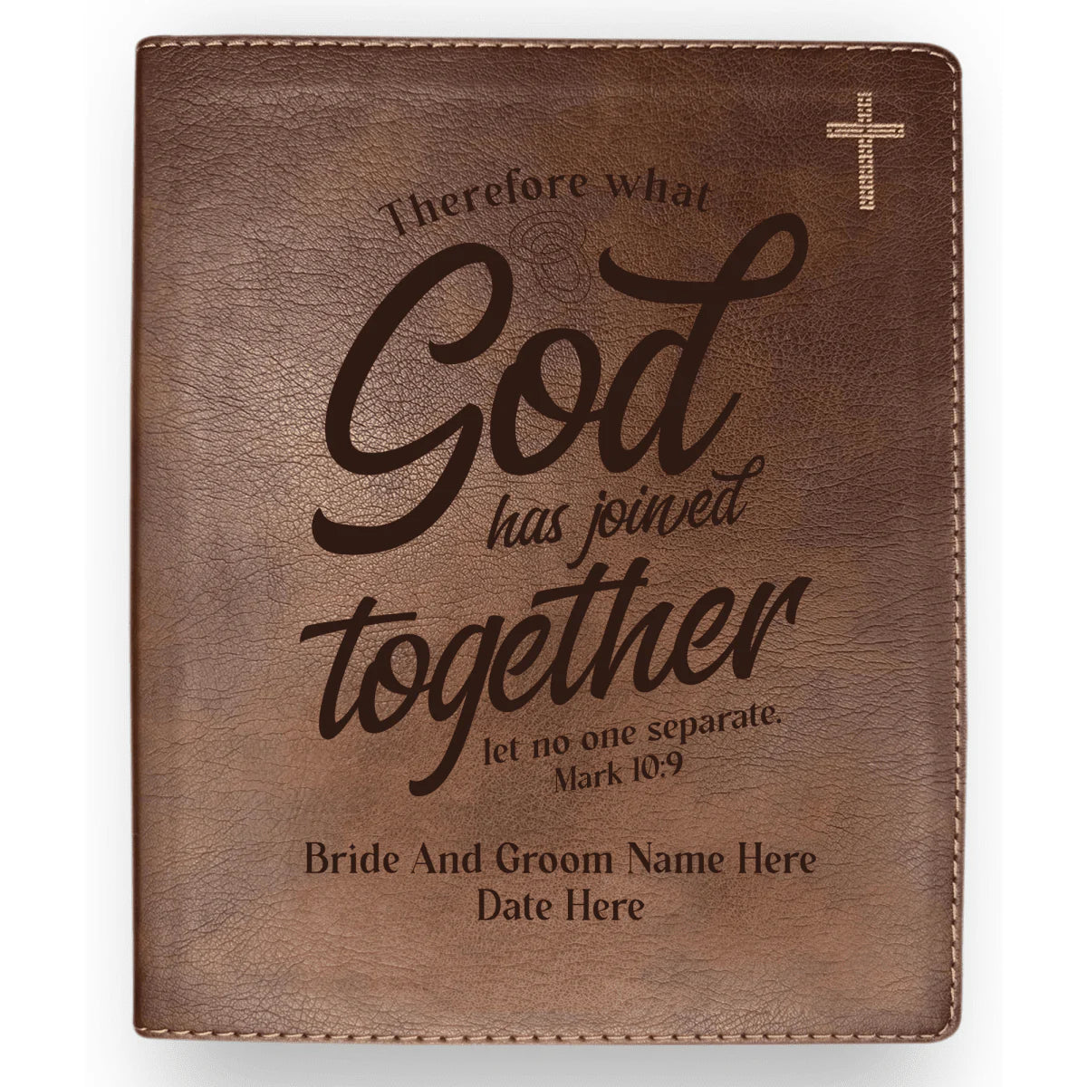 Brown NIV wedding Bible personalized with a Mark 10:9 design