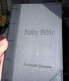 Gray Bible personalized with a name and cross