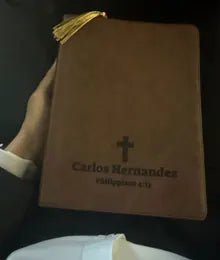 Brown Bible personalized with a name and verse