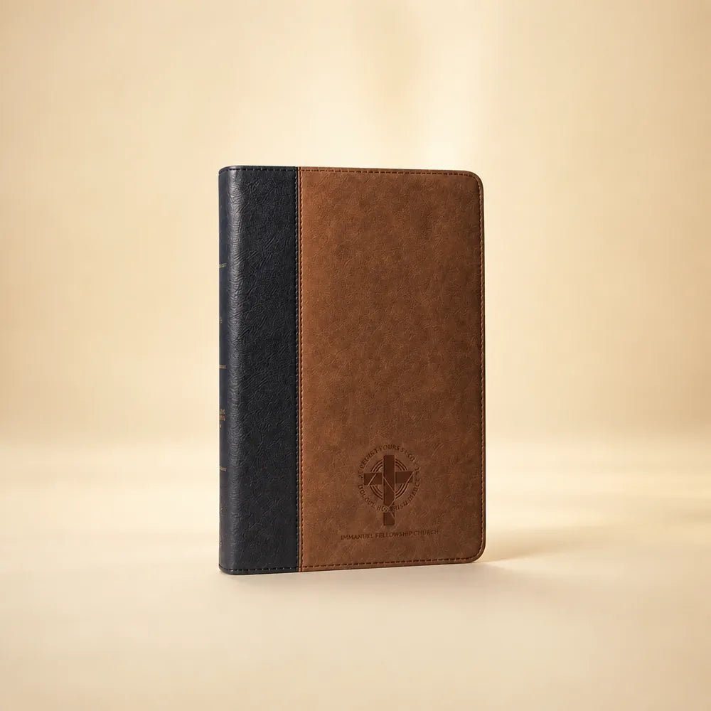 Two-tone brown and black Bible personalized with a church emblem