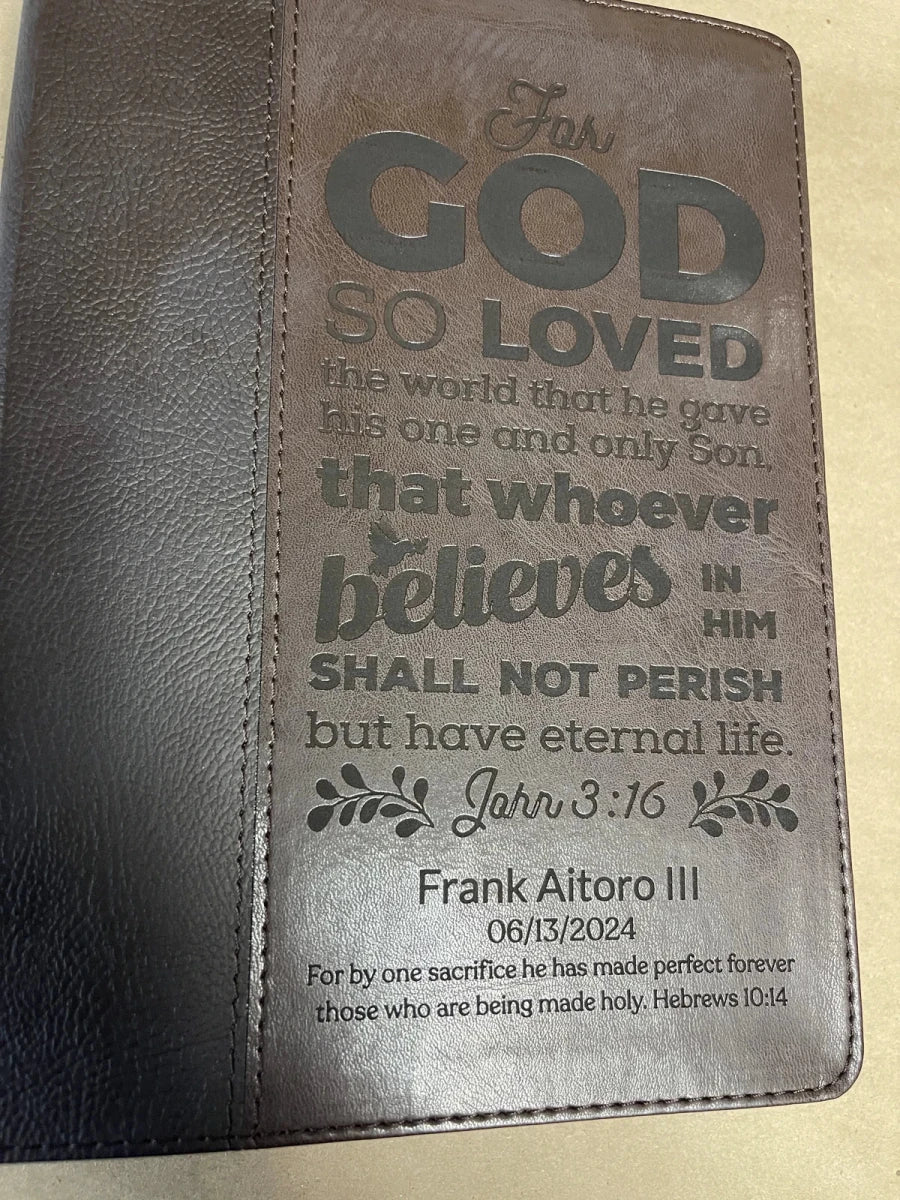 Two-tone brown Bible with John 3:16 across the cover and Frank Aitoro III engraved below