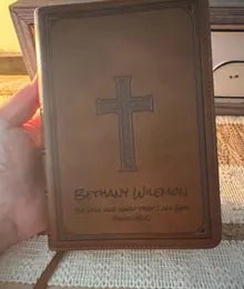Brown cross Bible engraved with Bethany Wilemon