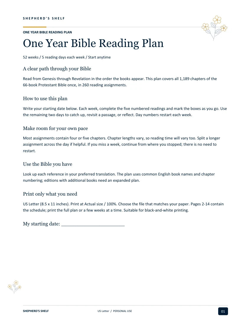One Year Bible Reading Plan — first page from the finished US Letter PDF