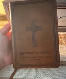 Brown cross Bible engraved with Bethany Wilemon