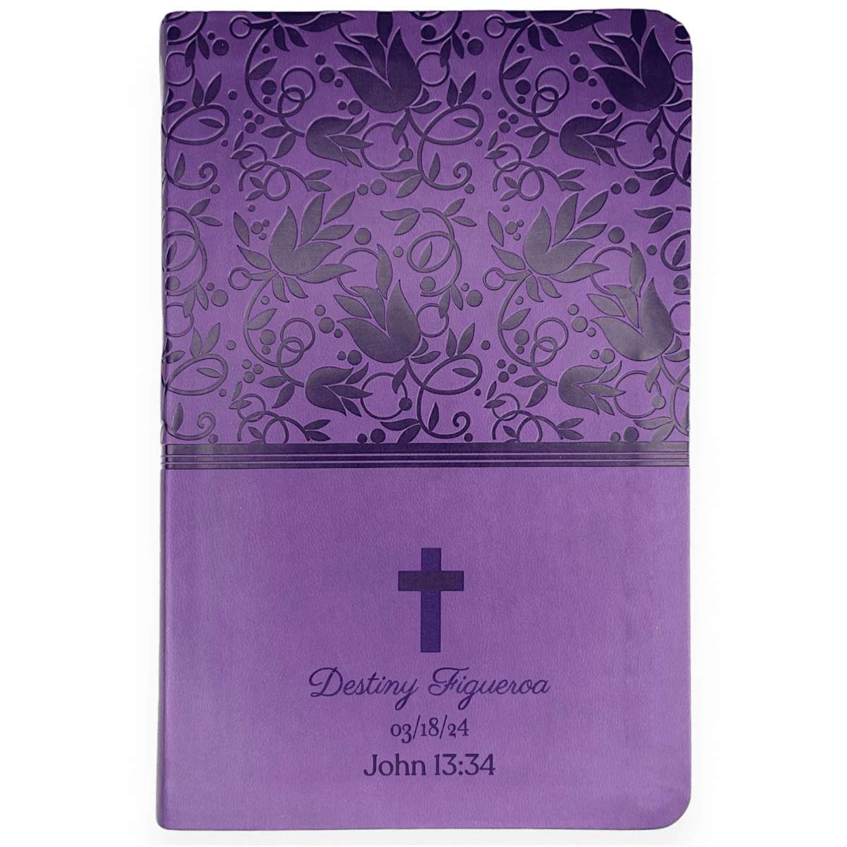 KJV Purple with Index Tabs, Popular option, with an illustrative personalized name on the actual product photo
