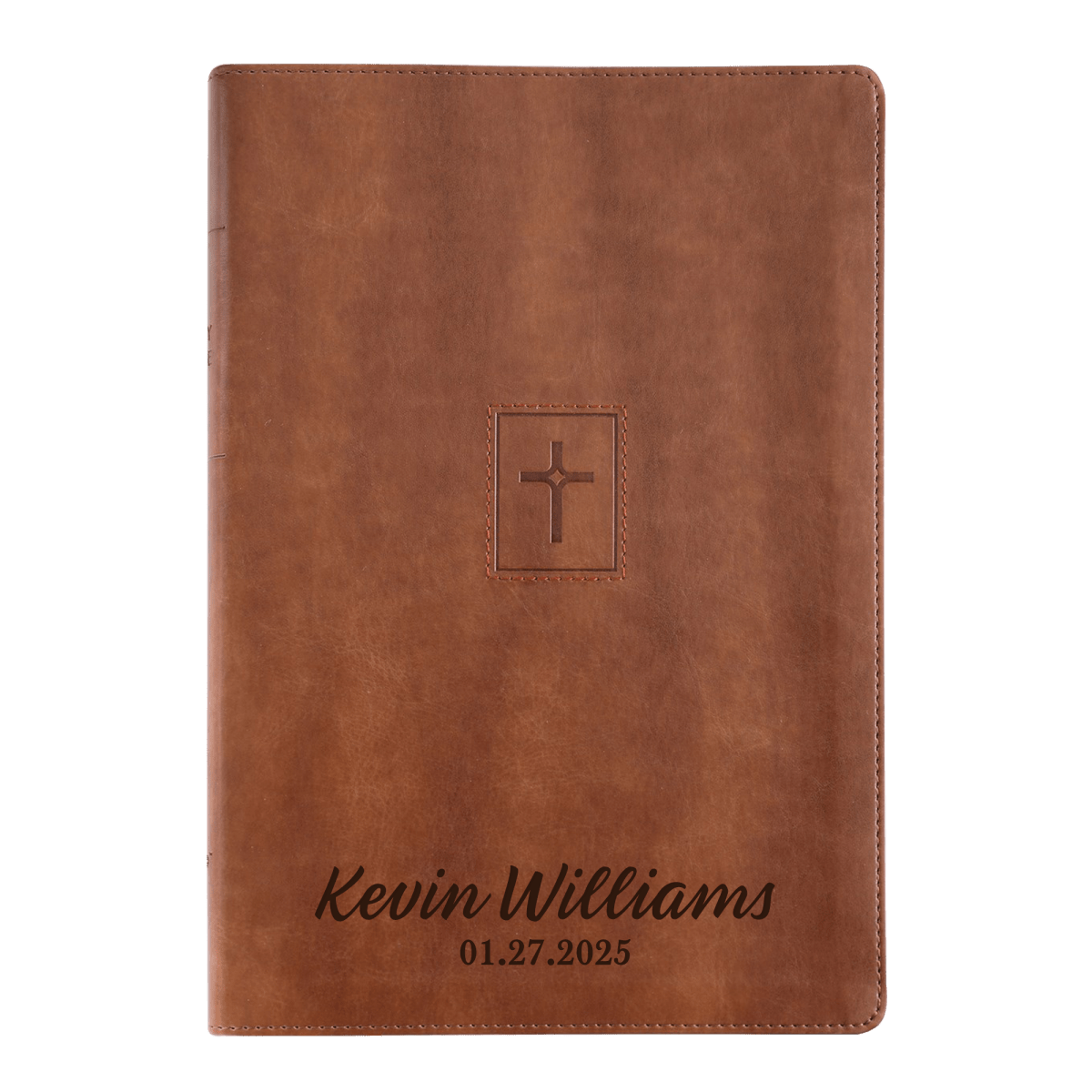 Actual NIV Brown Thinline Bible with an example name and date
