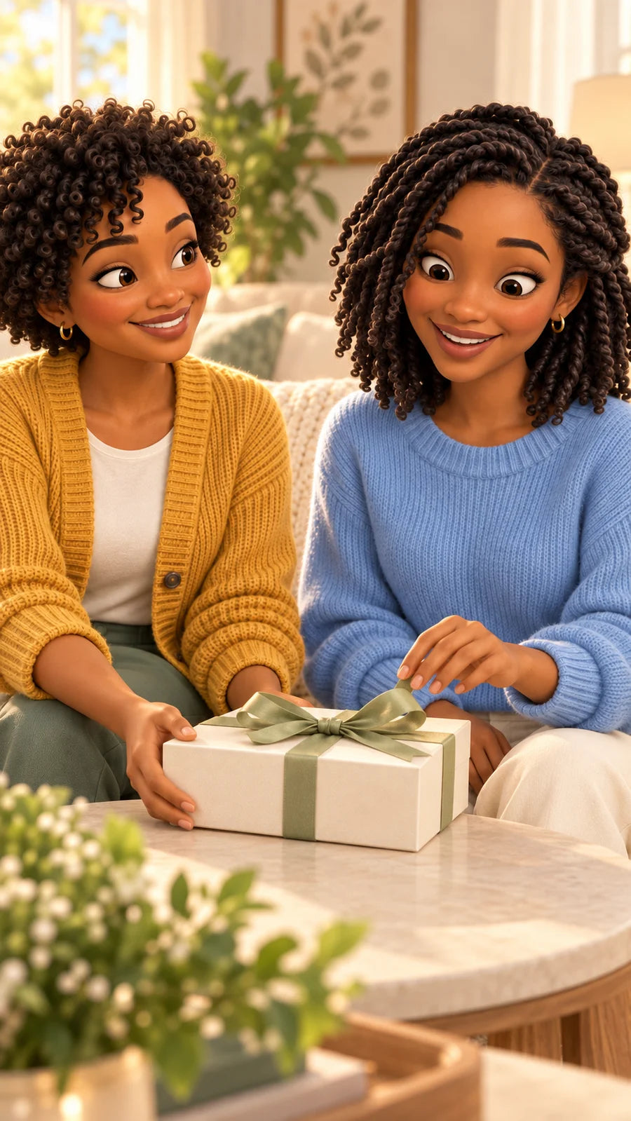 The two friends opening a gift in the warm living room