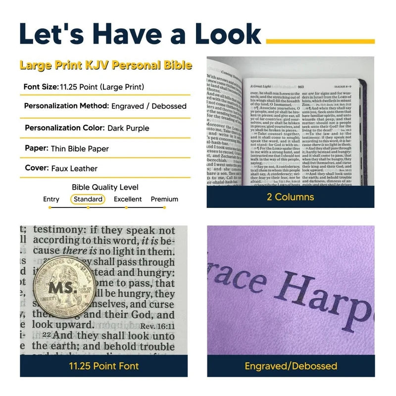 Actual Purple KJV catalog detail and personalization sample