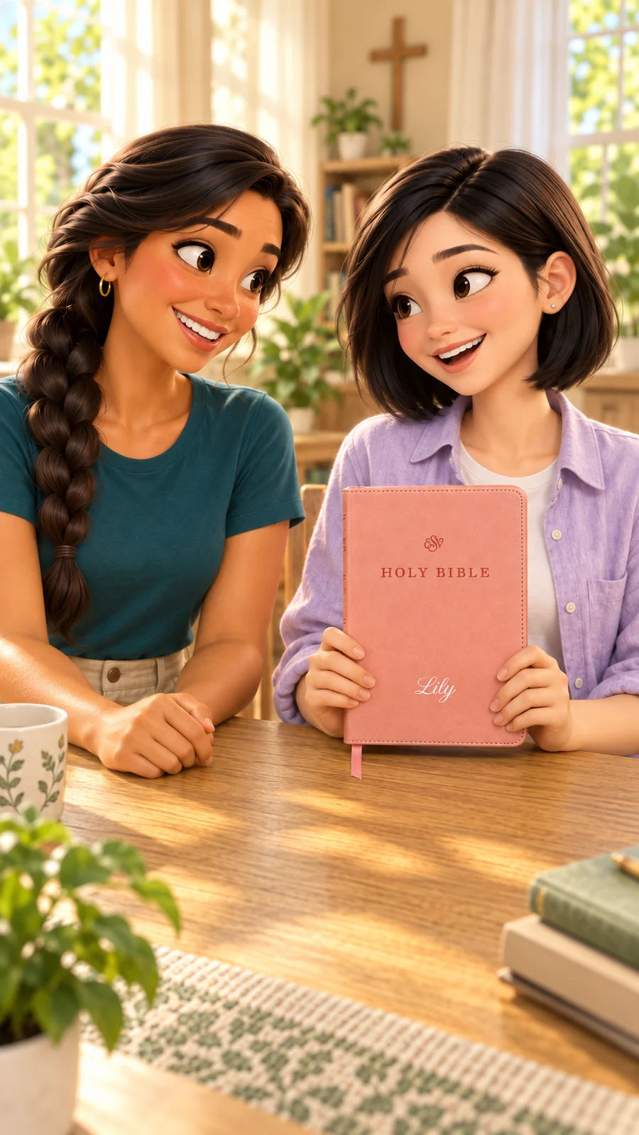 Animated Lily in lavender and Sofia in teal at their welcoming table, sharing Lily’s pink ESV Bible