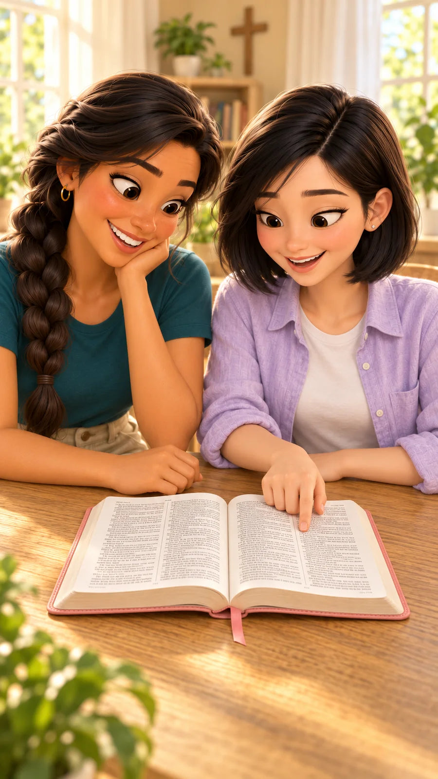 Lily and Sofia reading side by side at the sunlit table