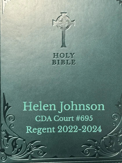 Personalized NRSV Teal Standard Size Catholic Edition Holy Bible Medium Print; customer photo by Julie Johnson