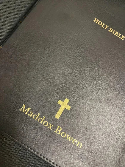 Personalized NKJV Black Study Size Thinline Holy Bible Large Print; customer photo by Maddox Bowen